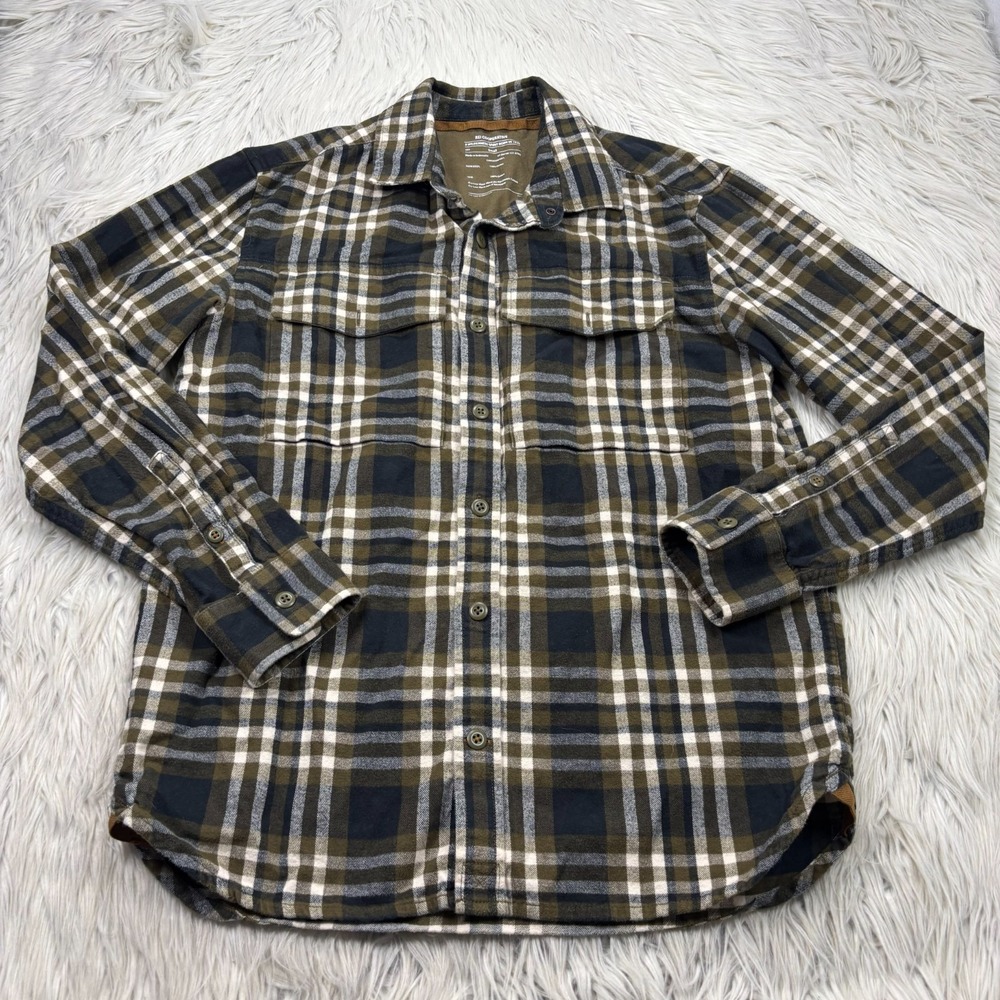 REI‎ Men's S Olive Green Black White Plaid Flannel Shirt Cotton Button Front